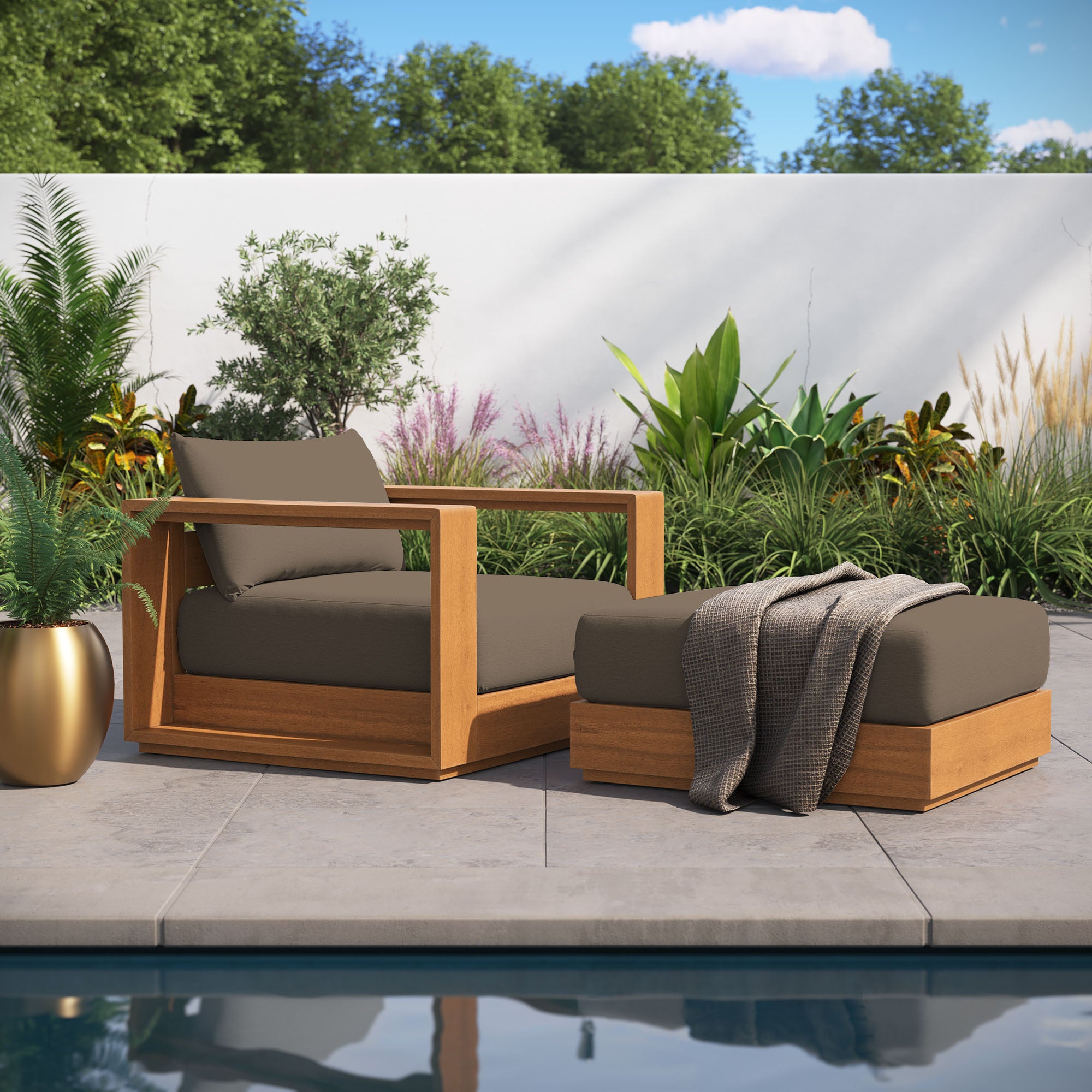 Tahoe 2-Piece Outdoor Patio Acacia Wood Armchair and Ottoman Set