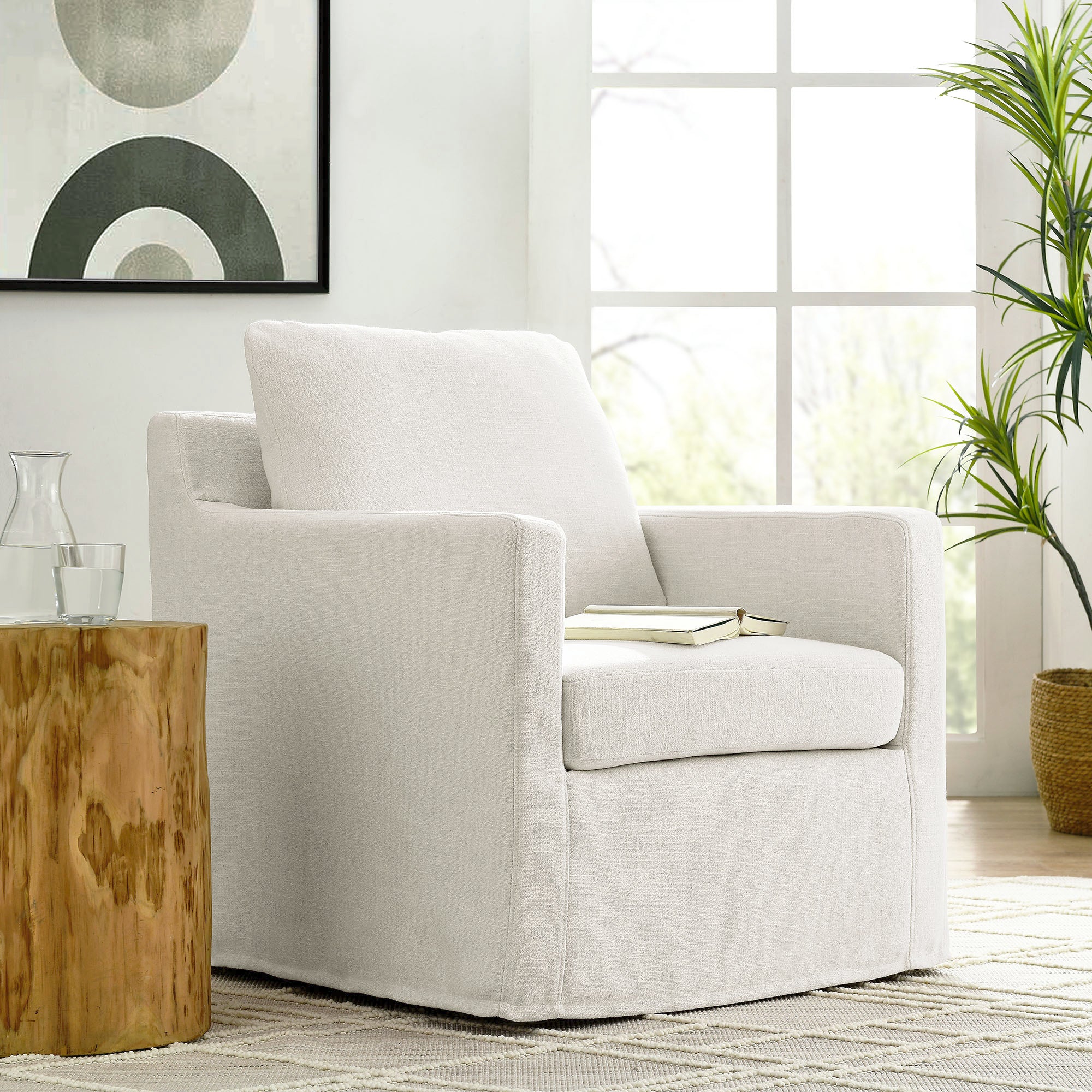 Serene Fabric Slipcovered Swivel Armchair