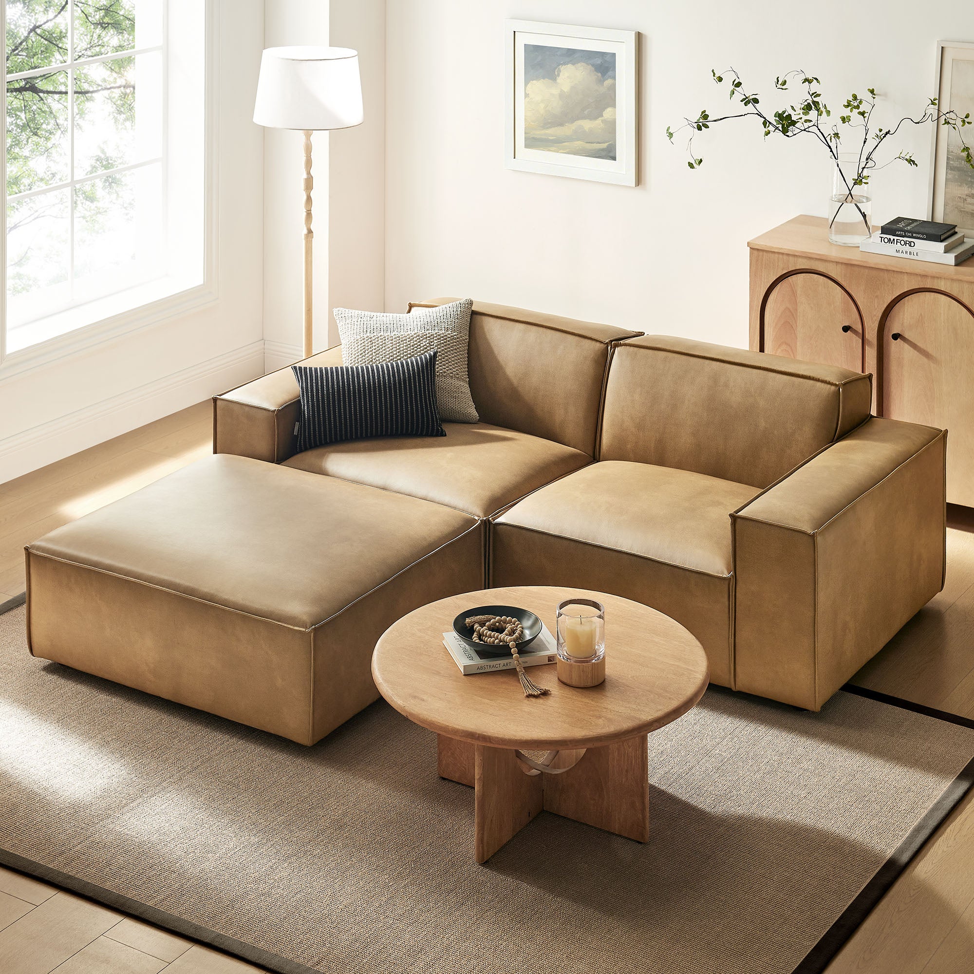 Restore 3-Piece Vegan Leather Modular Loveseat with Ottoman – Modway
