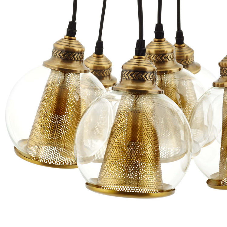 Peak Brass Cone and Glass Globe Cluster Pendant Chandelier