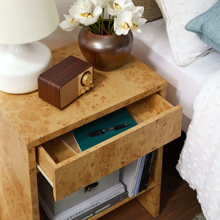 Hudson  1-Drawer Burl Wood  Nightstand With Shelf