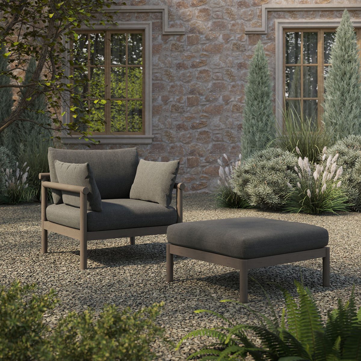 Eleni 2-Piece Outdoor Teak Wood Armchair and Ottoman Set