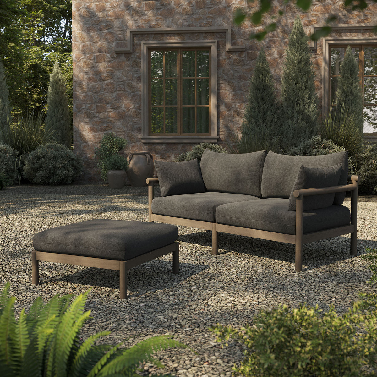 Eleni 2-Piece Outdoor Teak Wood Loveseat with Ottoman Set