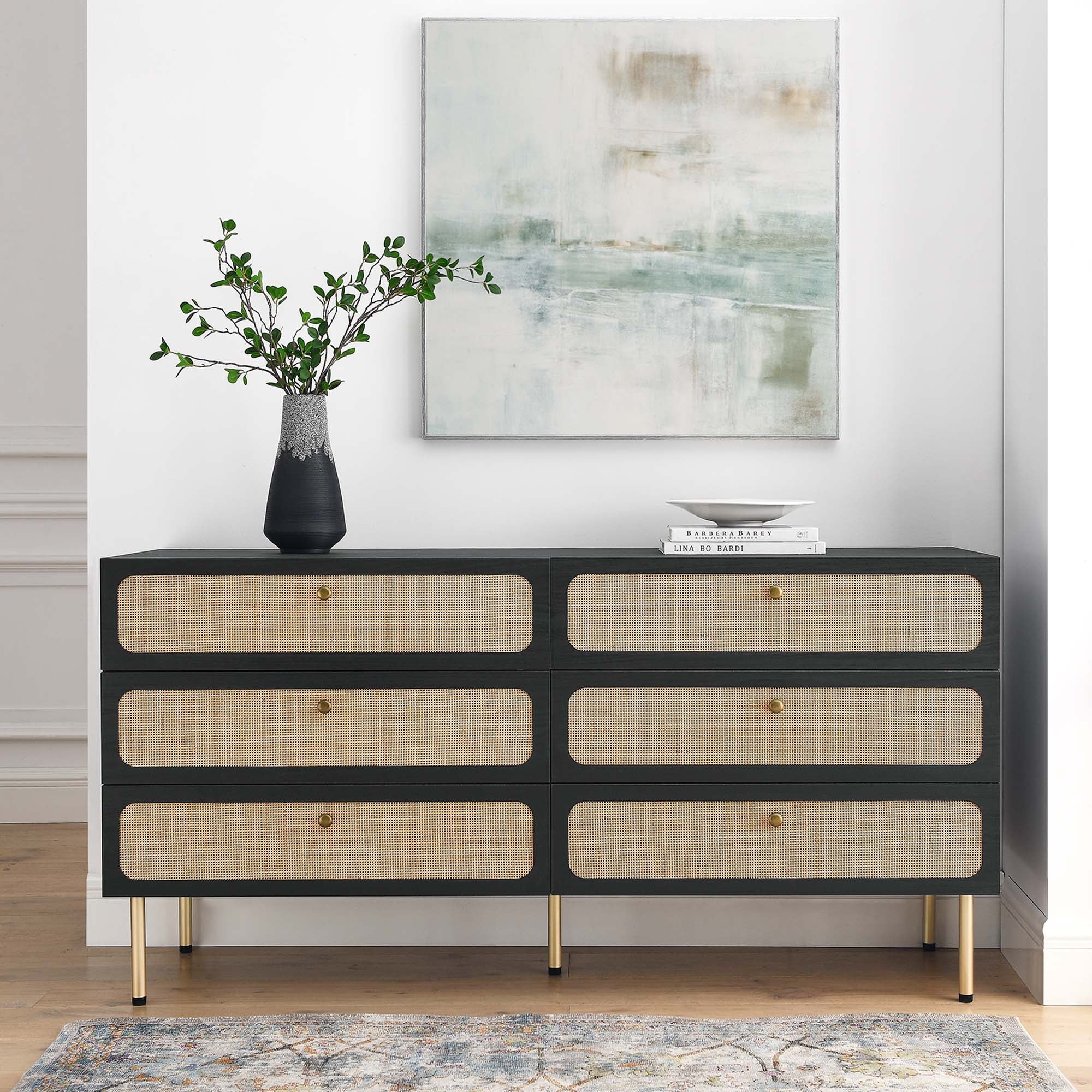 black and rattan dresser Benzara 31 Inch Chest Cabinet, 3 Drawers, Woven Rattan, Modern, Black, Gold Leg height LuxenHome Black and Brown Wood
