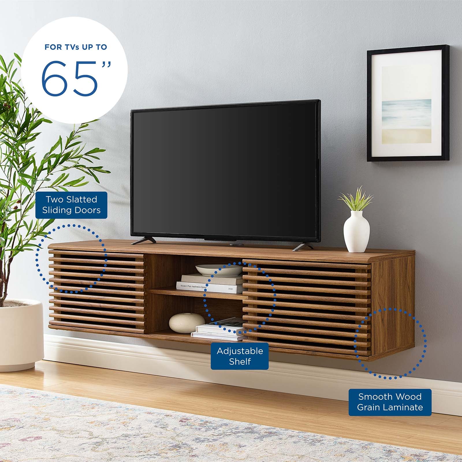 Walnut Floating TV Stand Media Console With Sliding Doors, TV Stand 